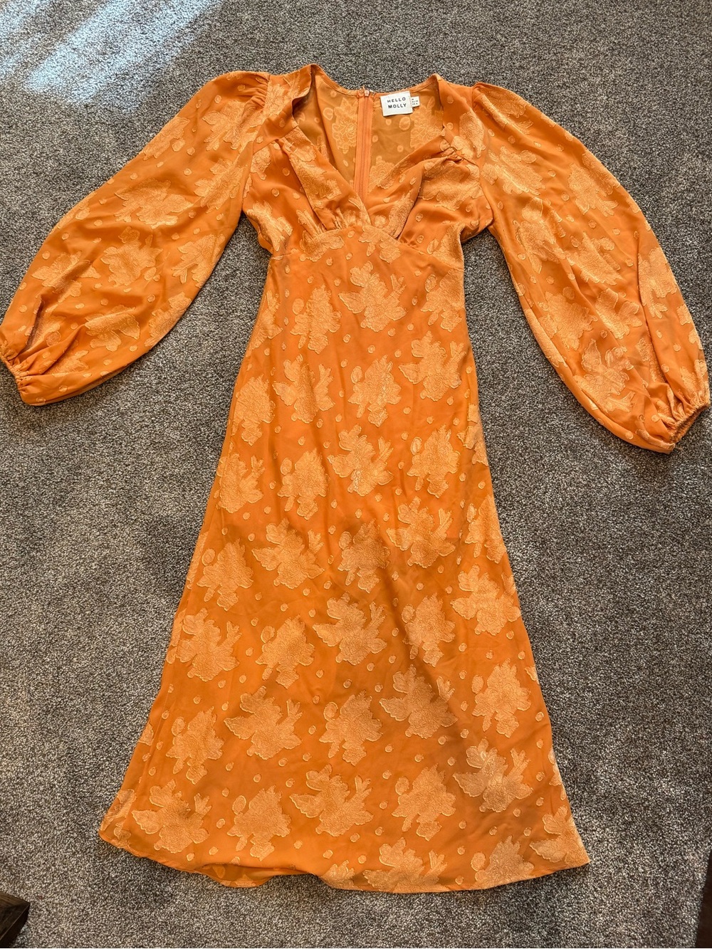 Hello Molly Burnt Orange Floral Midi Dress with Balloon Sleeves